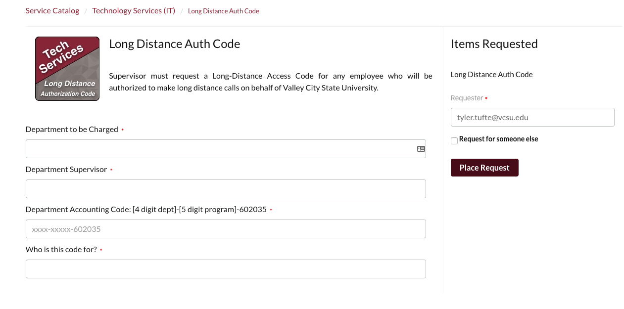 How to Submit a Request for Long Distance Access Code : VCSU One Stop