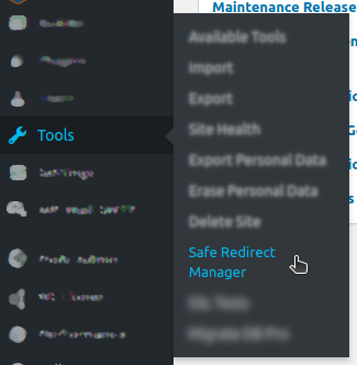 WordPress Safe Redirect Manager link in the Tools section
