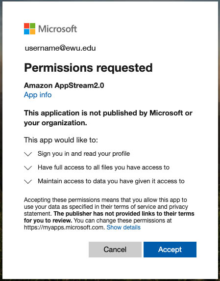 Permissions requested screen