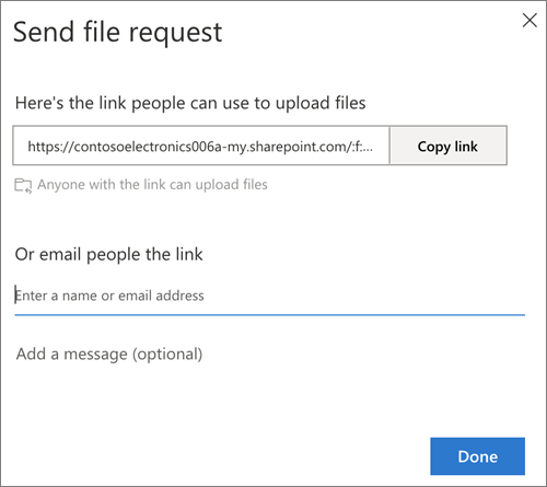 The Send file request dialog box providing a link or email address option in OneDrive for Business