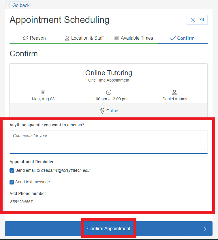 confirm appointment screen