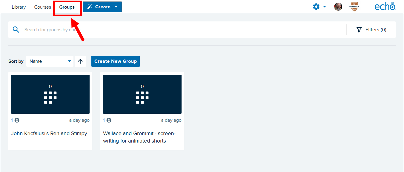 Groups page with navigation identified for steps as described