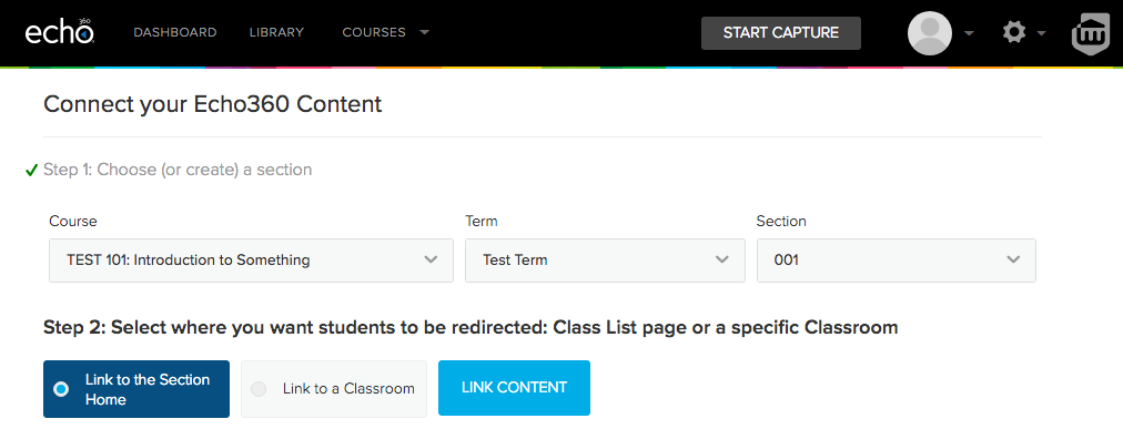 Select section and link to section home or to a specific class as target for Echo360 assignments link in Canvas.