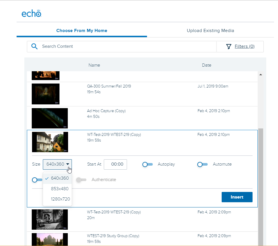 Embed Echo video selection list with item expanded and size drop-down list shown for steps as described
