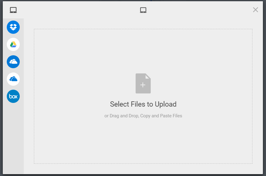 Upload media dialog box for uploading media from local device or shared drive for steps as described