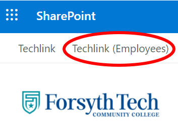 Screenshot of upper left-hand corner of the Techlink page with Techlink (Employee) link circled in red