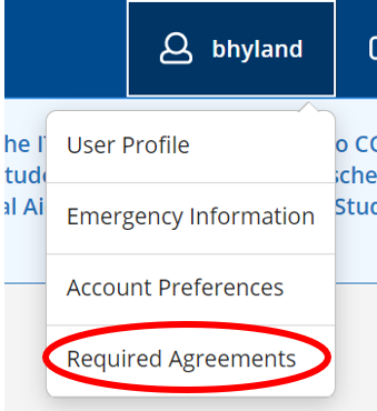 Screenshot of drop down menu under my profile with required agreements link circled in red