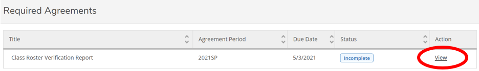 screenshot of required agreements with the view link next to class roster verification report circled in red