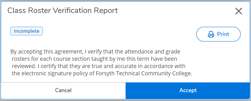 screenshot of the class roster verification report dialog box with the accept button highlighted in blue