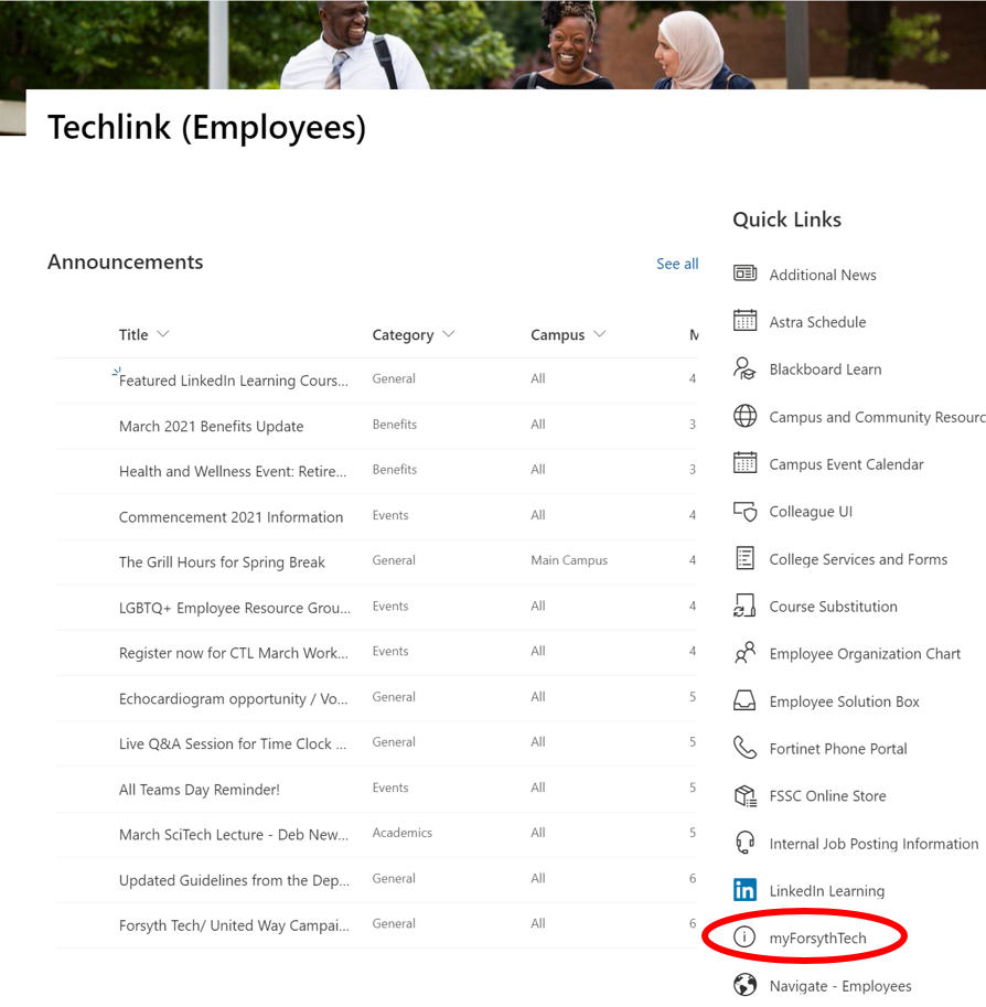 Screenshot of Techlink page with myForsythTech link circled in red