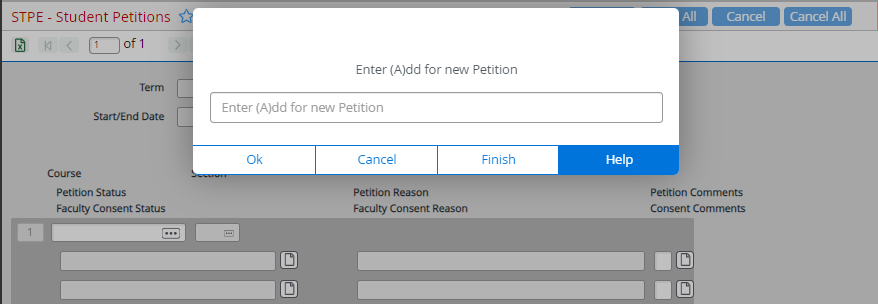 Screenshot of Enter Add for new Petition field in front of STEP Student Petitions form in Colleague
