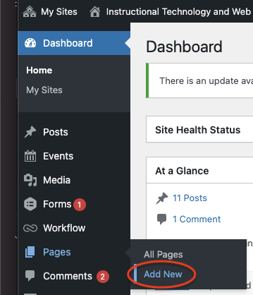 New page in Pages submenu