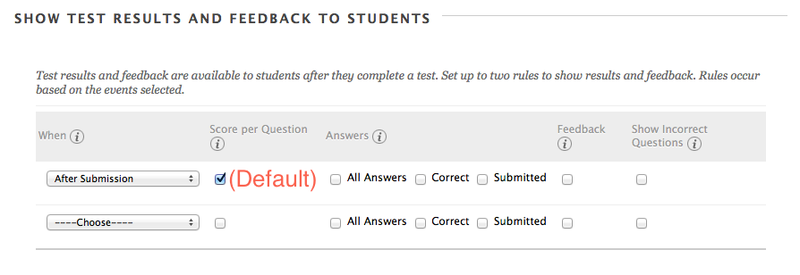 Test Setting Options selected - choose when to show test results to students after submission and show question scores to students