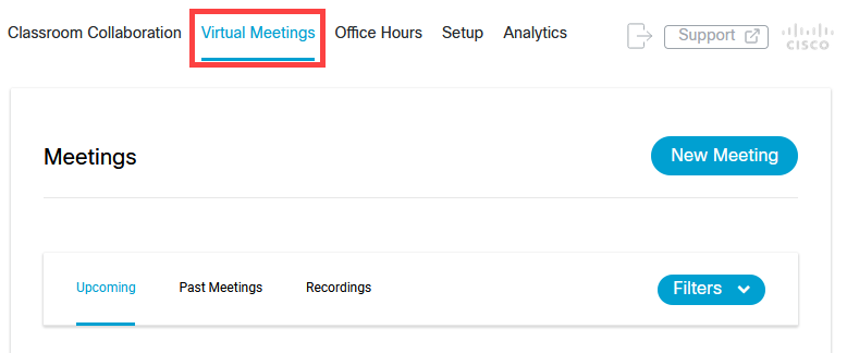 Virtual Meetings tab in Webex