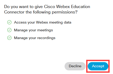 Webex Permissions Request prompt