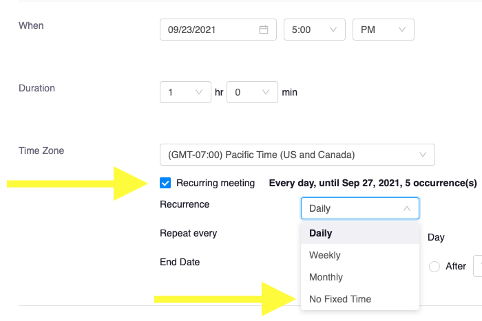 Screenshot highlighting location of Recurring meeting and No Fixed Time location