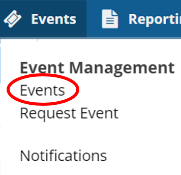 Events menu with Events circled in red