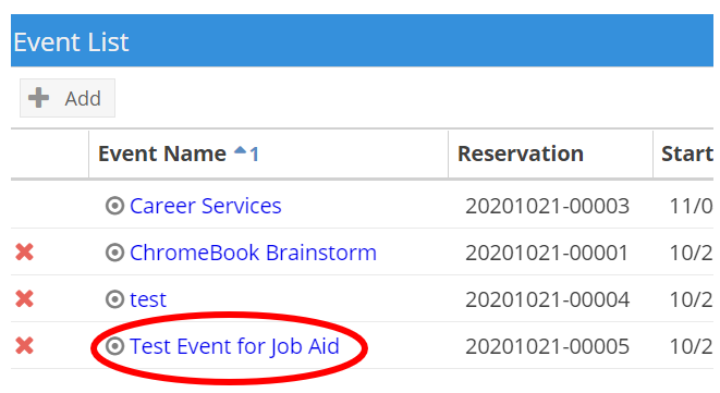 Screenshot of Event list with Test Event for Job Aid circled in red