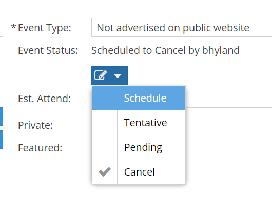 Screenshot of Event Status drop down menu showing a check mark next to Cancel