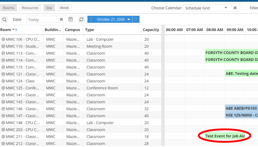 Screenshot of scheduling grid with Test Event for Job Aid event circled in red