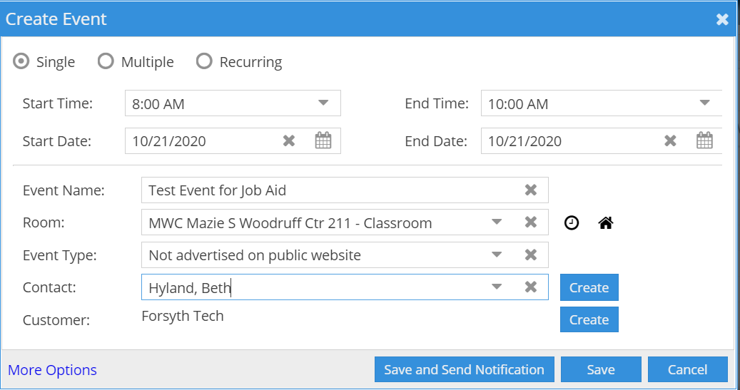 Create Event dialog box filled out with event information