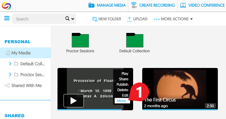 hover over the video thumbnail & click More… to open the Manage Media menu