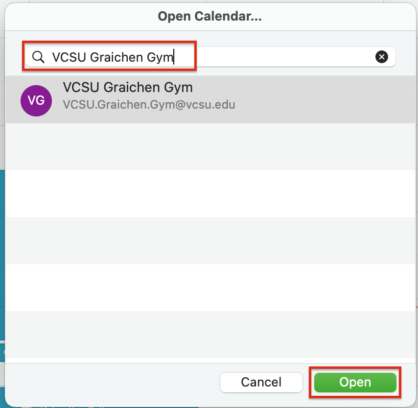 On the search box, type the shared calendar you are looking for. Once done and confirmed the correct shared calendar, click Open.