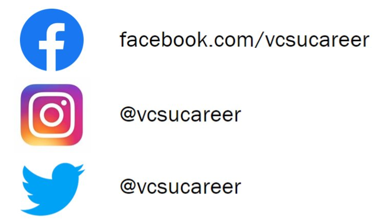 Facebook link is facebook.com/vcsucareer, Instagram handle is @vcsucareer, Twitter handle is @vcsucareer