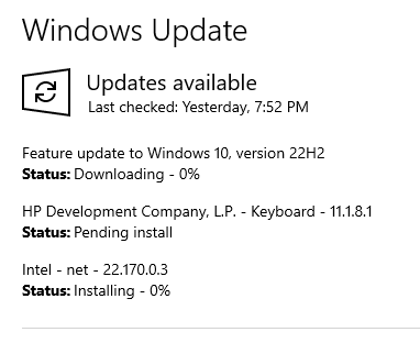 Image shows Windows Update with Status for Downloading, Pending install, and Installing