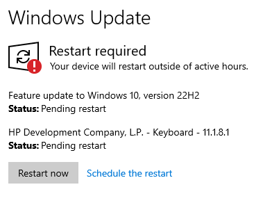 Image shows Windows Update done with Downloads and Installations, pending restart from user