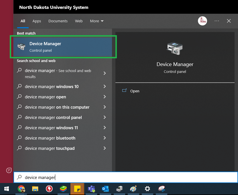 Image shows the result of typing Device Manager displaying under Best match