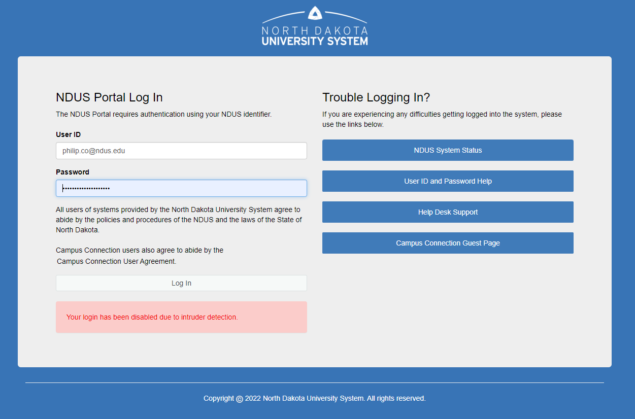 Image shows error message below log-in "Your login has been disabled due to Intruder Detection."