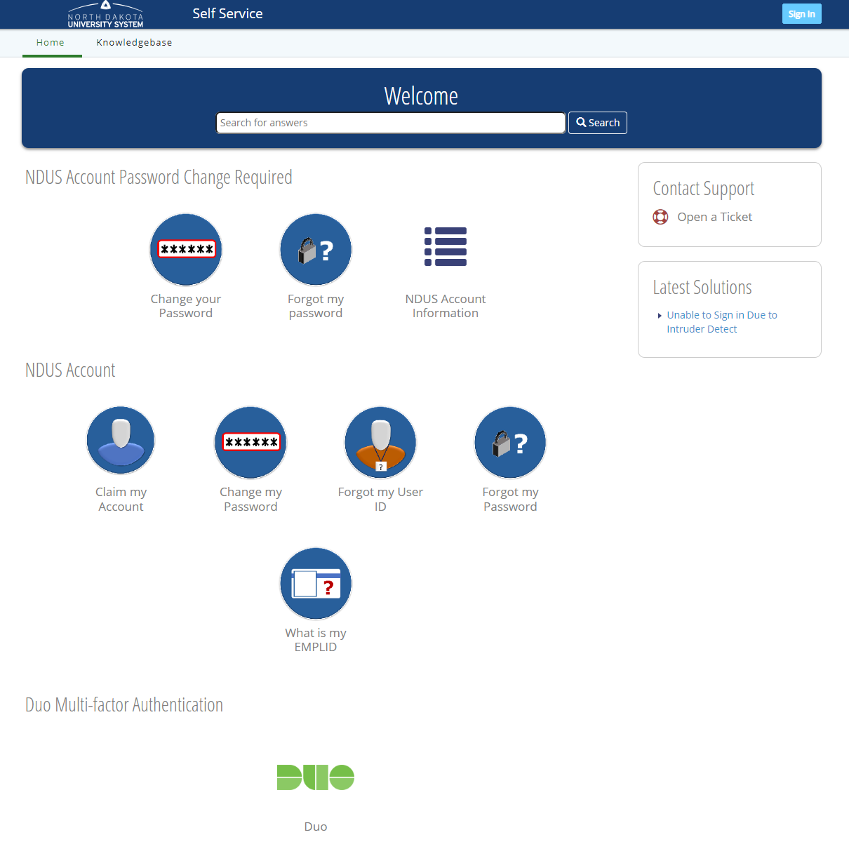 Image shows the home page of NDUS Self-Service