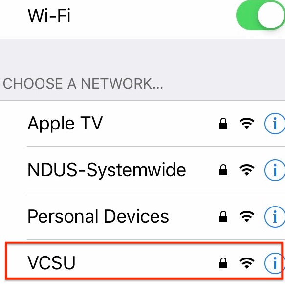 Screenshot shows where to find VCSU network in WiFi settings