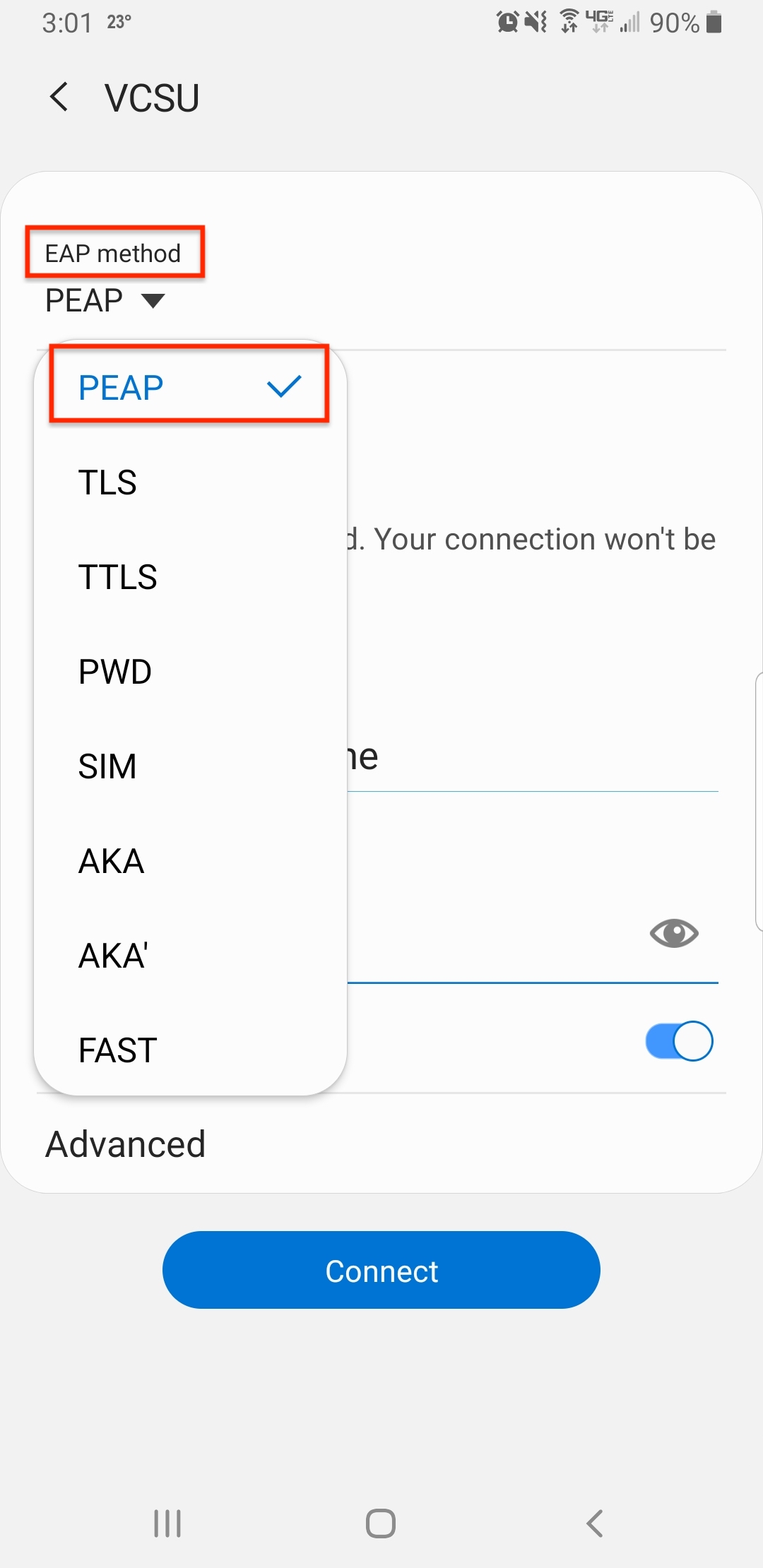 Screenshot where to find the EAP Method in Android's WiFi settings
