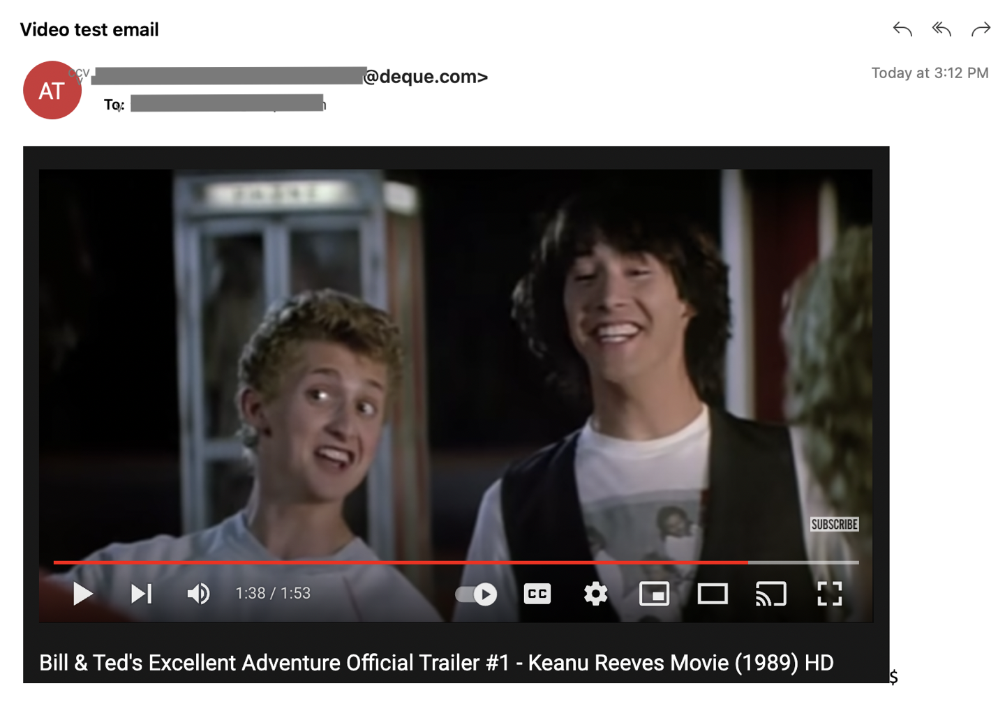 A screenshot of Bill and Ted YouTube trailer with video player controls. 