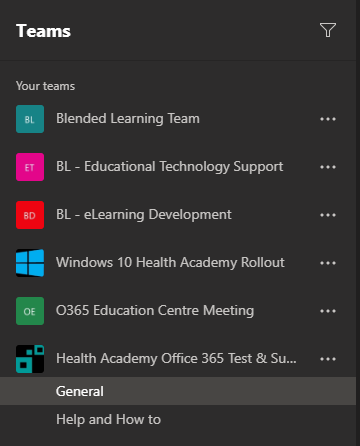 "Teams" menu on the Desktop/Web version showing a listing of every teams group a user is part of. Highlighted is the aforementioned "Health Academy Office 365 Test & Support Group".