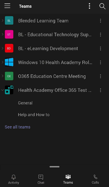 "Teams" menu on the Mobile version showing a listing of every teams group a user is part of. Exapnded is the aforementioned "Health Academy Office 365 Test & Support Group".