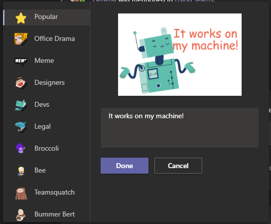 The Sticker menu on the Desktop version, showing the different categories and caption options for users to choose and customise with.