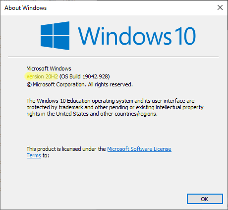 Windows 10 Version window