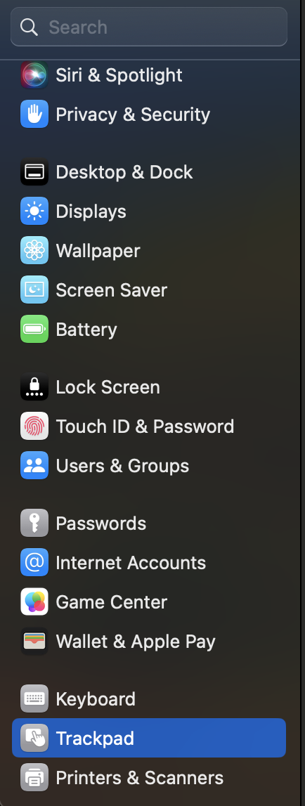 System settings sidebar with trackpad selected