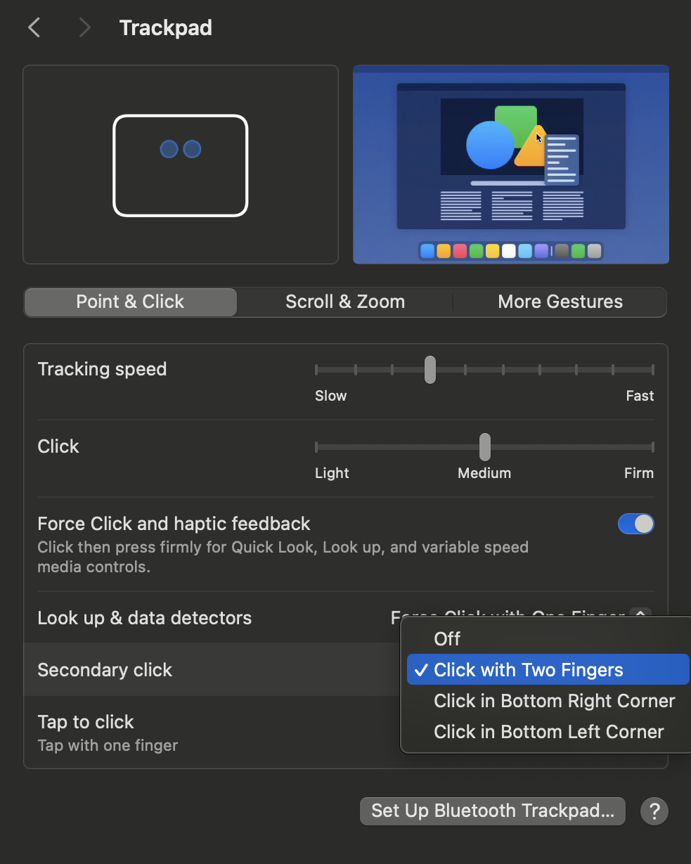 Trackpad menu with secondary click set to "Click with Two Fingers"