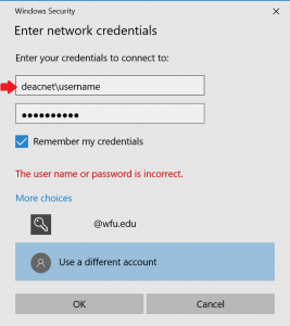 This image shows the Windows Authentication screen when attempting to access a network resource. It indicates to use a different account and to use "deacnet\username" as the username to indicate it is a deacnet domain account.