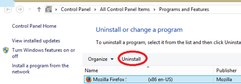 Uninstall or Change a program / uninstall firefox