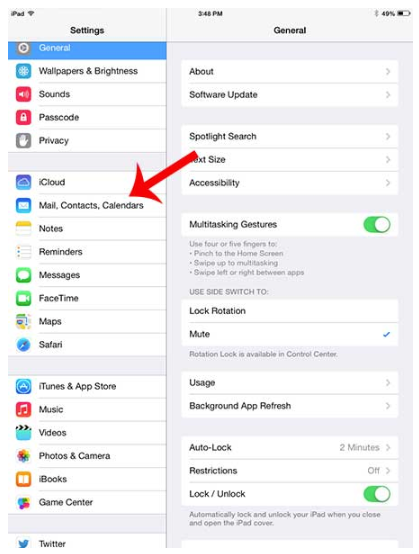 Mail Contacts Calendars in iPad Settings