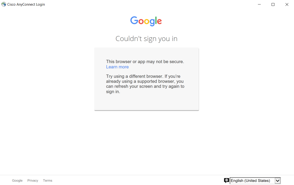 Couldn't sign you in. This browser or app may not be secure.