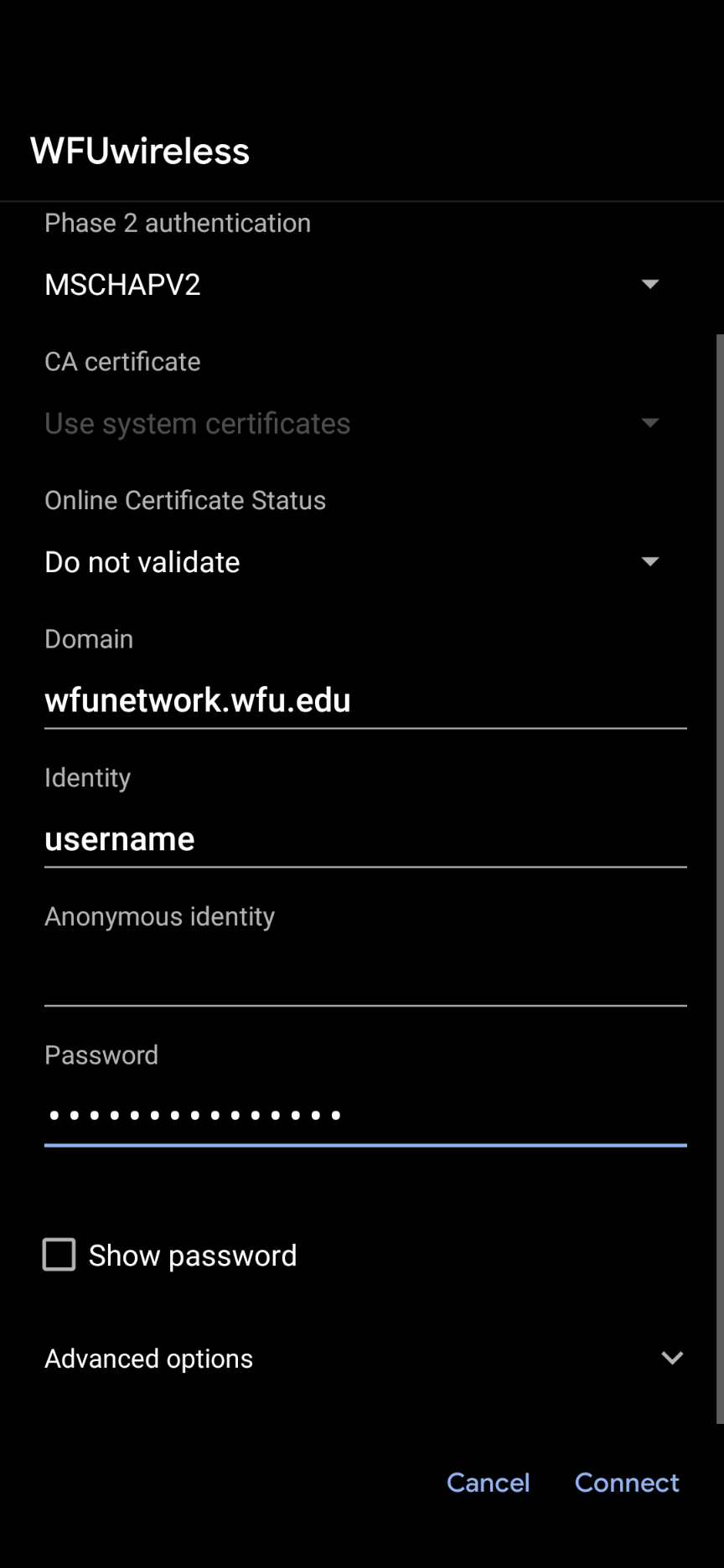 wfunetwork.wfu.edu in Domain field.  Username in Identity field and account password in Password field. 