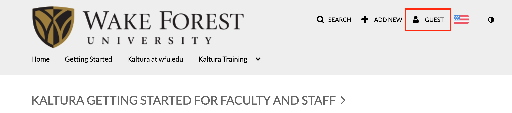 screenshot of WFU Kaltura Mediaspace with guest button highlighted to login