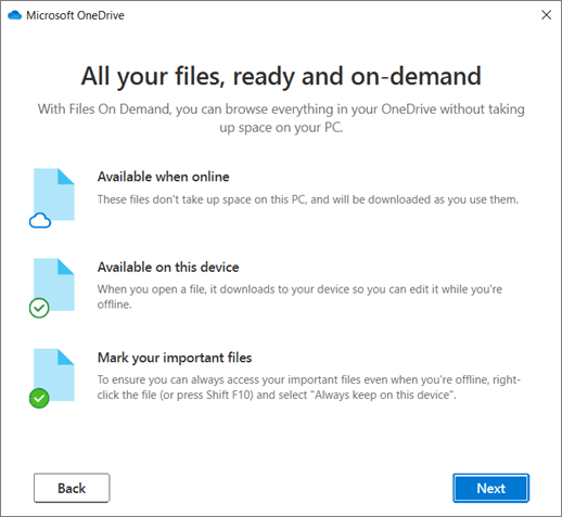 The Files on Demand screen in the Welcome to OneDrive wizard