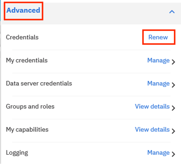 Screenshot of Advanced Menu highlighting Renew next to Credentials